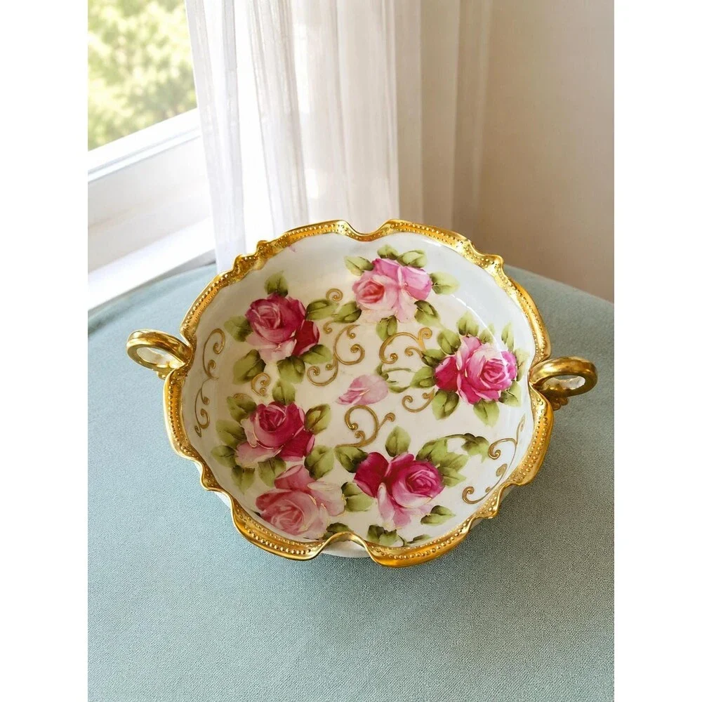 Antique Nippon Hand Painted Rose Porcelain Bowl Gold Trim c.1890s